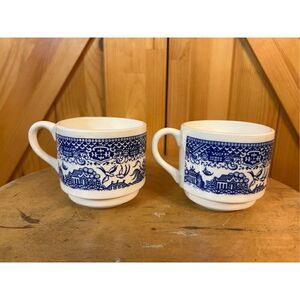 Set of 2 Vintage Blue Willow Coffee Tea Cups Mugs Made In USA 2 3/4" (0142)